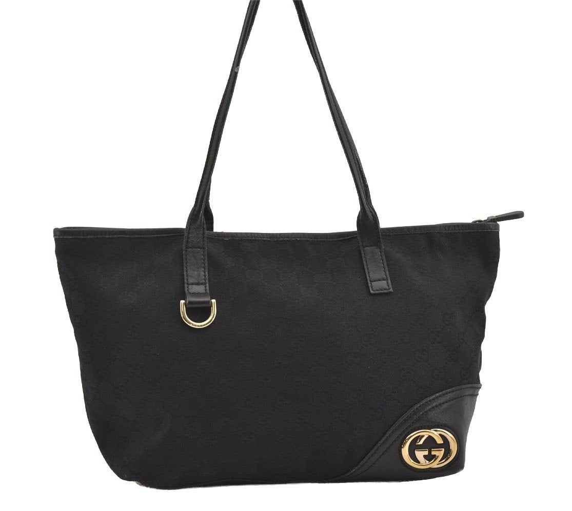 Authentic GUCCI New Britt Shoulder Tote Bag GG Canvas Leather 169946 Black 6837J