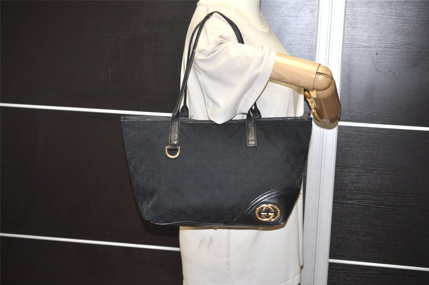 Authentic GUCCI New Britt Shoulder Tote Bag GG Canvas Leather 169946 Black 6837J