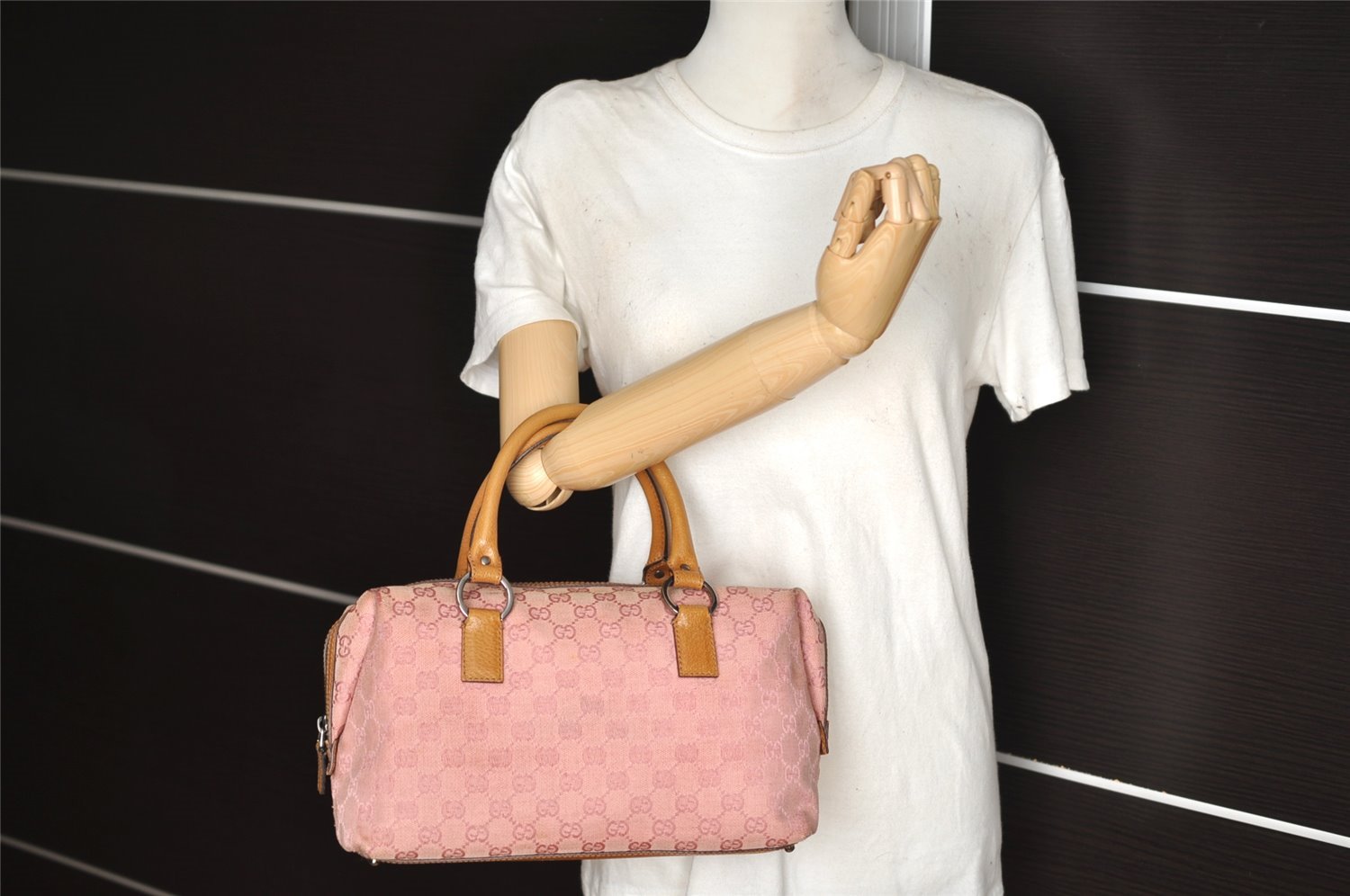 Authentic GUCCI Hand Boston Bag Purse GG Canvas Leather 113009 Pink 6839I