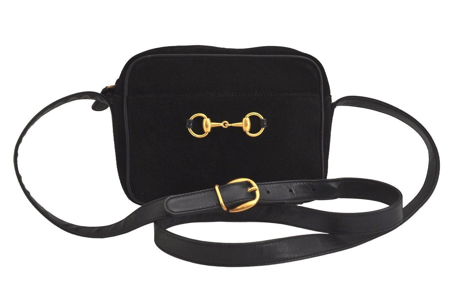 Authentic GUCCI Horsebit Shoulder Cross Body Bag Suede Leather Black Junk 6840J