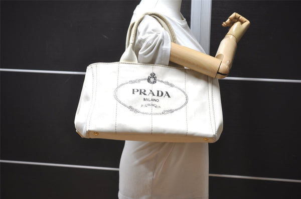 Authentic PRADA Vintage Canapa M Denim Tote Hand Bag White 6841I