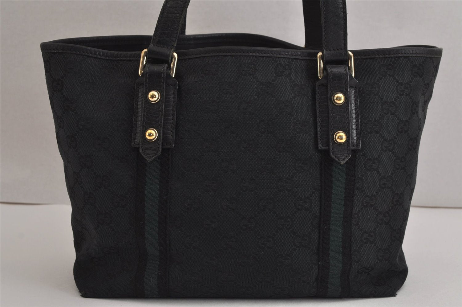 Authentic GUCCI Sherry Line Tote Bag GG Canvas Leather 137396 Black 6842J