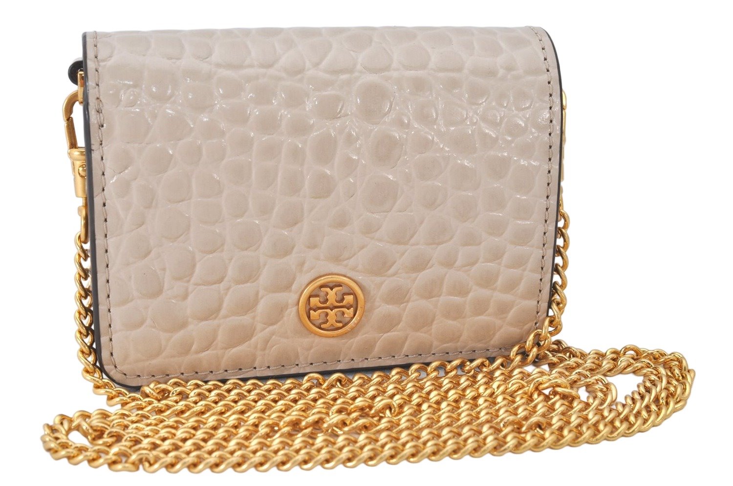 Authentic TORY BURCH Robinson Chain Shoulder Wallet Purse Leather Beige 6844K