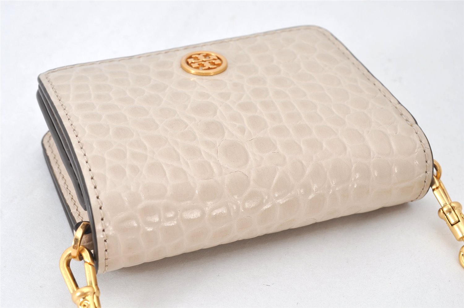 Authentic TORY BURCH Robinson Chain Shoulder Wallet Purse Leather Beige 6844K