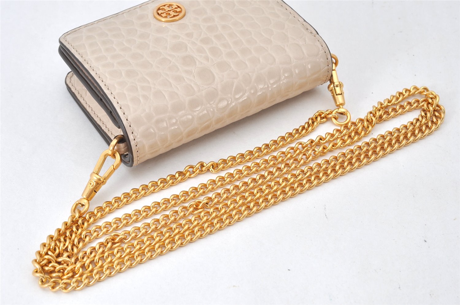 Authentic TORY BURCH Robinson Chain Shoulder Wallet Purse Leather Beige 6844K