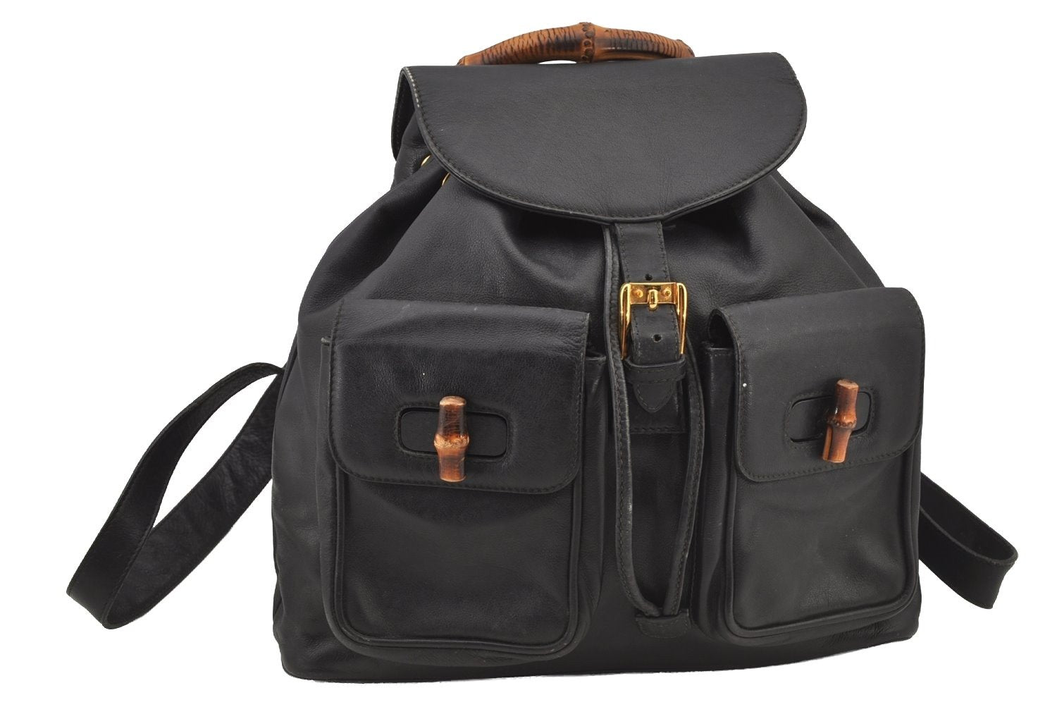 Authentic GUCCI Vintage Bamboo Drawstring Backpack Leather Black 6845J