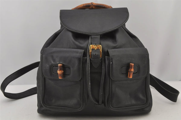 Authentic GUCCI Vintage Bamboo Drawstring Backpack Leather Black 6845J