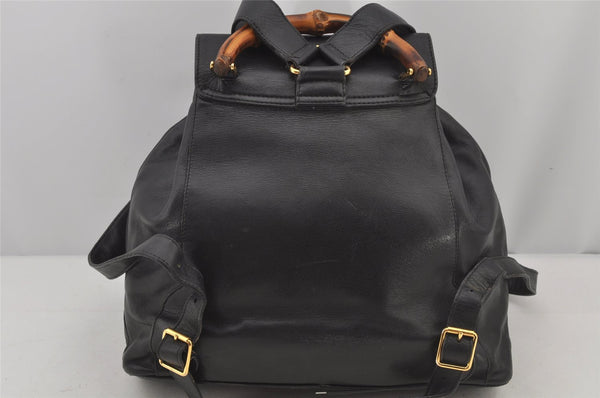 Authentic GUCCI Vintage Bamboo Drawstring Backpack Leather Black 6845J