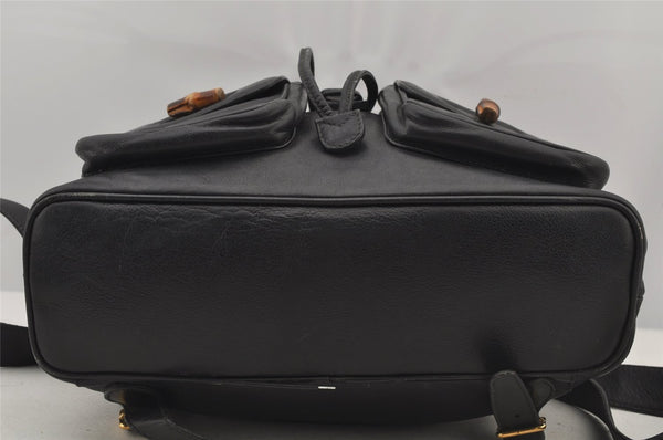 Authentic GUCCI Vintage Bamboo Drawstring Backpack Leather Black 6845J
