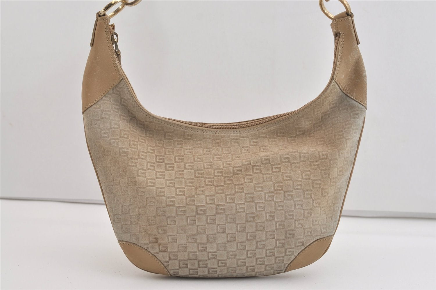 Authentic GUCCI Shoulder Hand Bag Square GG Suede Leather 0014158 Beige 6846J