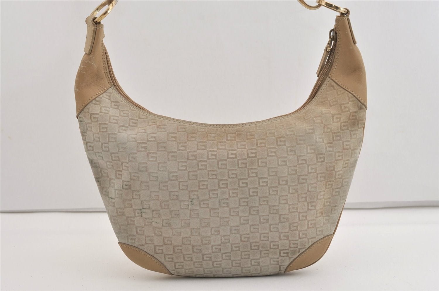 Authentic GUCCI Shoulder Hand Bag Square GG Suede Leather 0014158 Beige 6846J