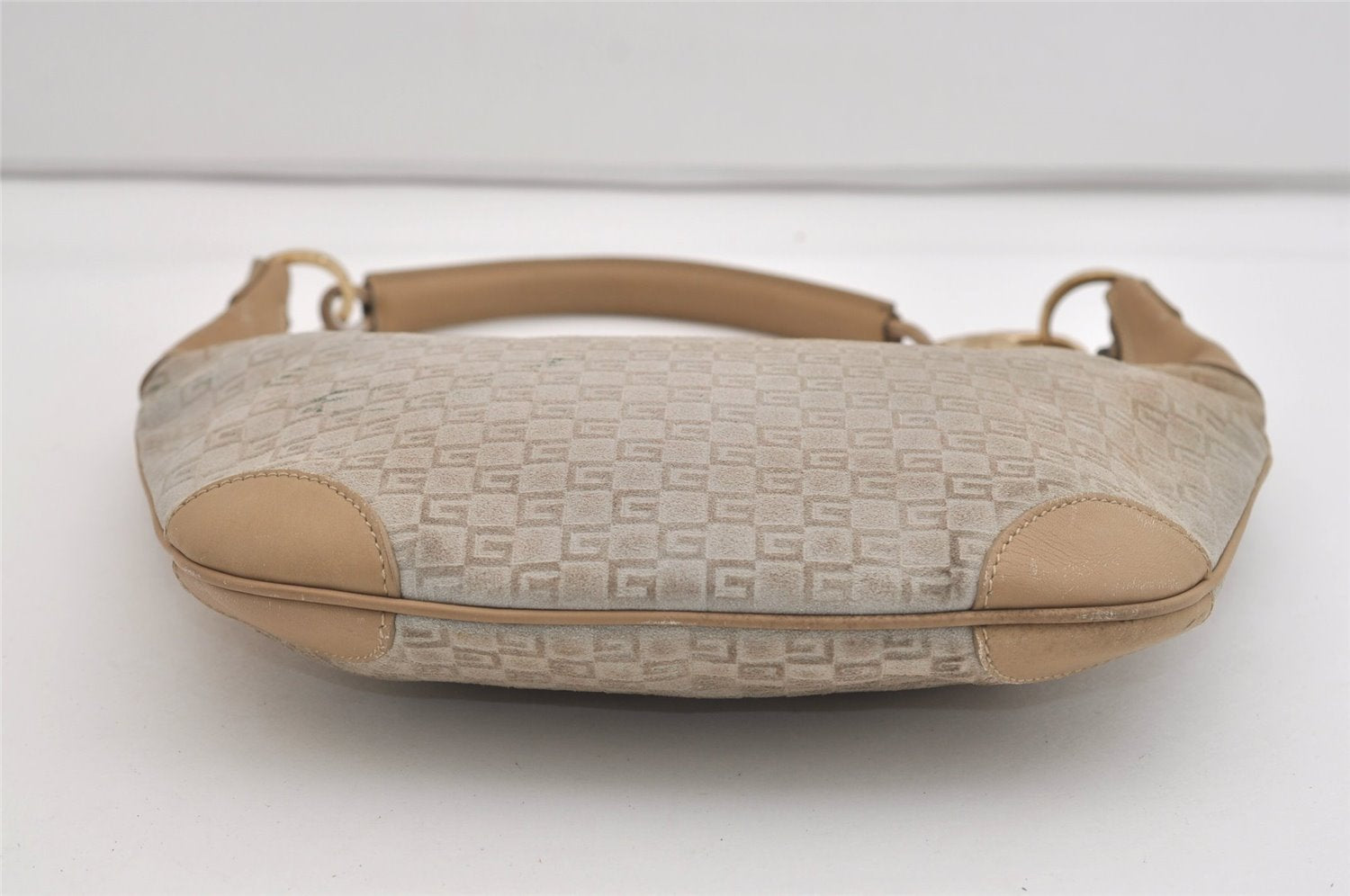 Authentic GUCCI Shoulder Hand Bag Square GG Suede Leather 0014158 Beige 6846J