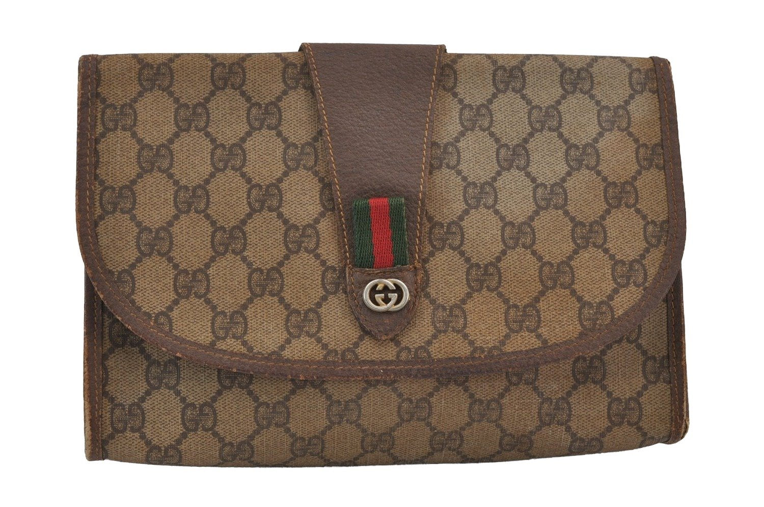 Authentic GUCCI Web Sherry Line Clutch Hand Bag GG PVC Leather Brown Junk 6848J