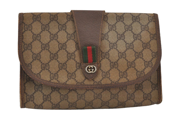 Authentic GUCCI Web Sherry Line Clutch Hand Bag GG PVC Leather Brown Junk 6848J
