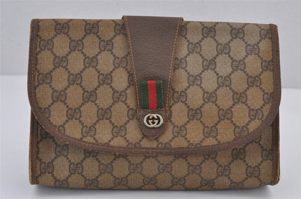 Authentic GUCCI Web Sherry Line Clutch Hand Bag GG PVC Leather Brown Junk 6848J