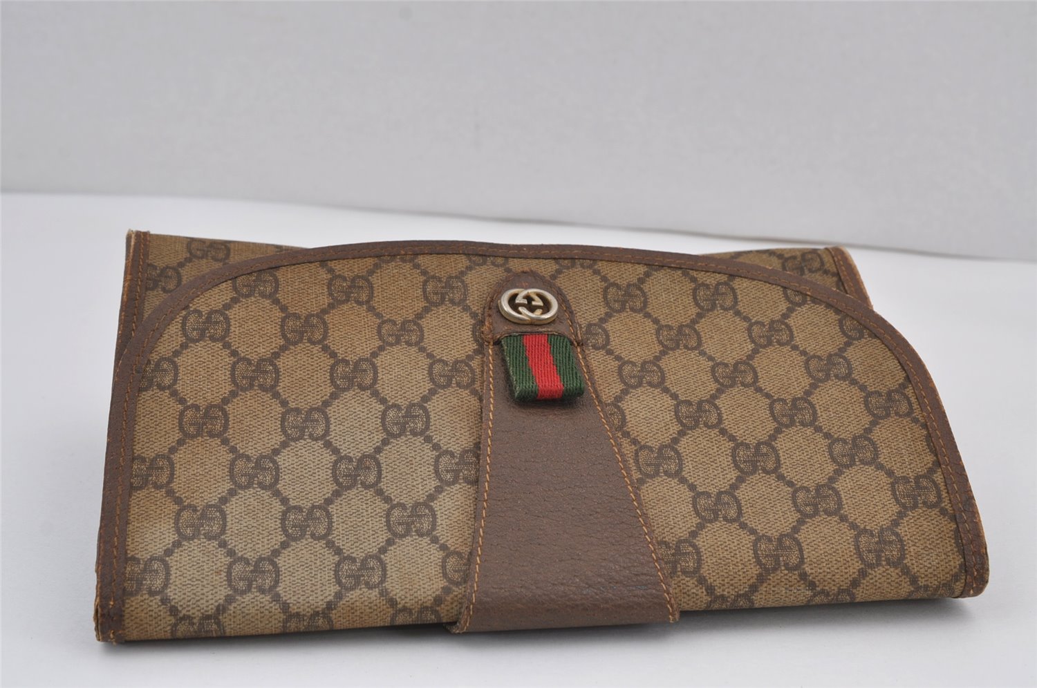 Authentic GUCCI Web Sherry Line Clutch Hand Bag GG PVC Leather Brown Junk 6848J