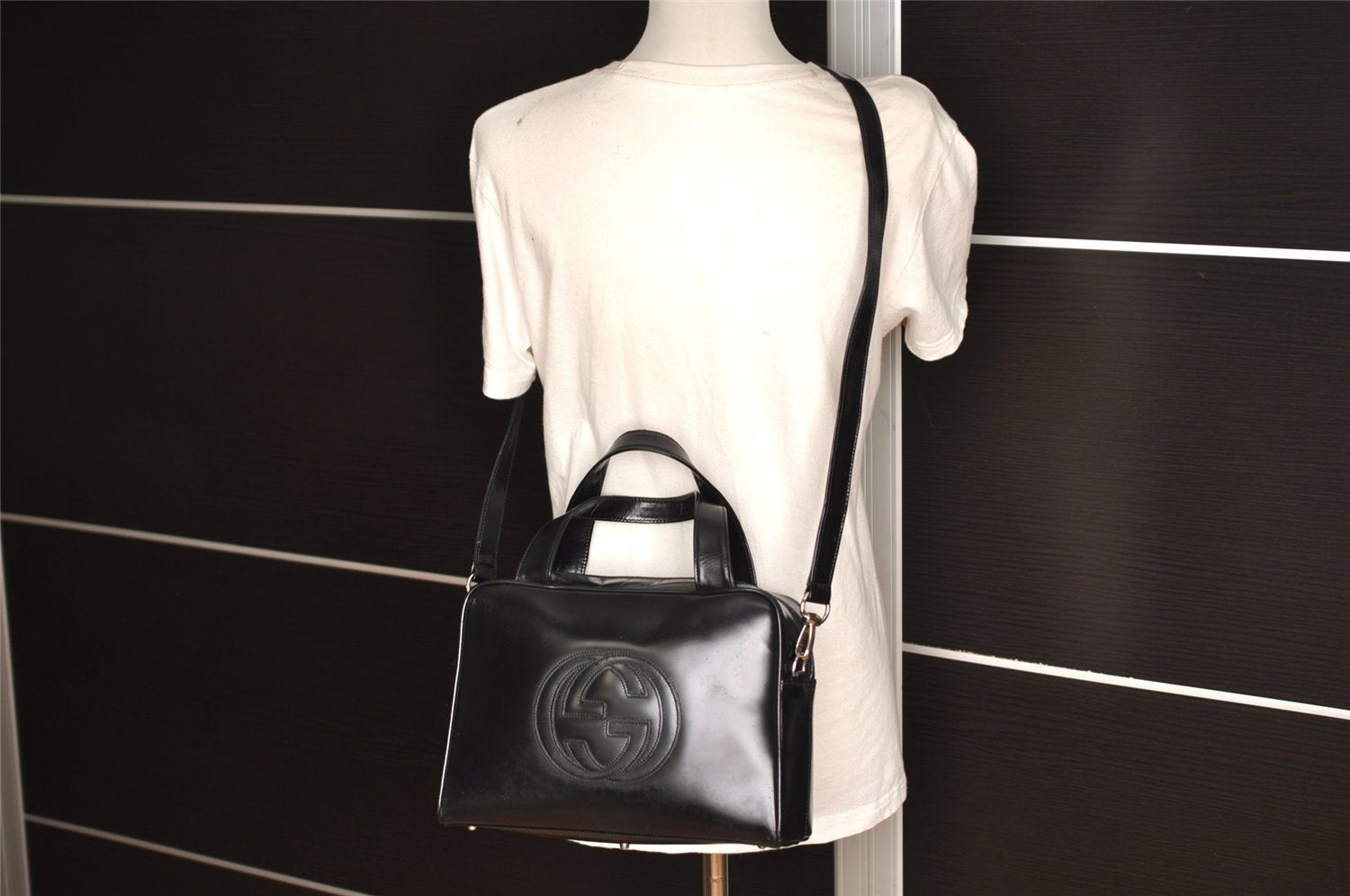 Authentic GUCCI Interlocking G 2Way Hand Bag Purse Enamel Black Junk 6853I