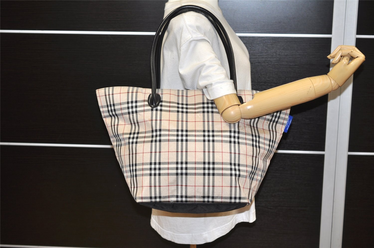 Authentic BURBERRY BLUE LABEL Check Shoulder Tote Bag Nylon Leather Beige 6855K