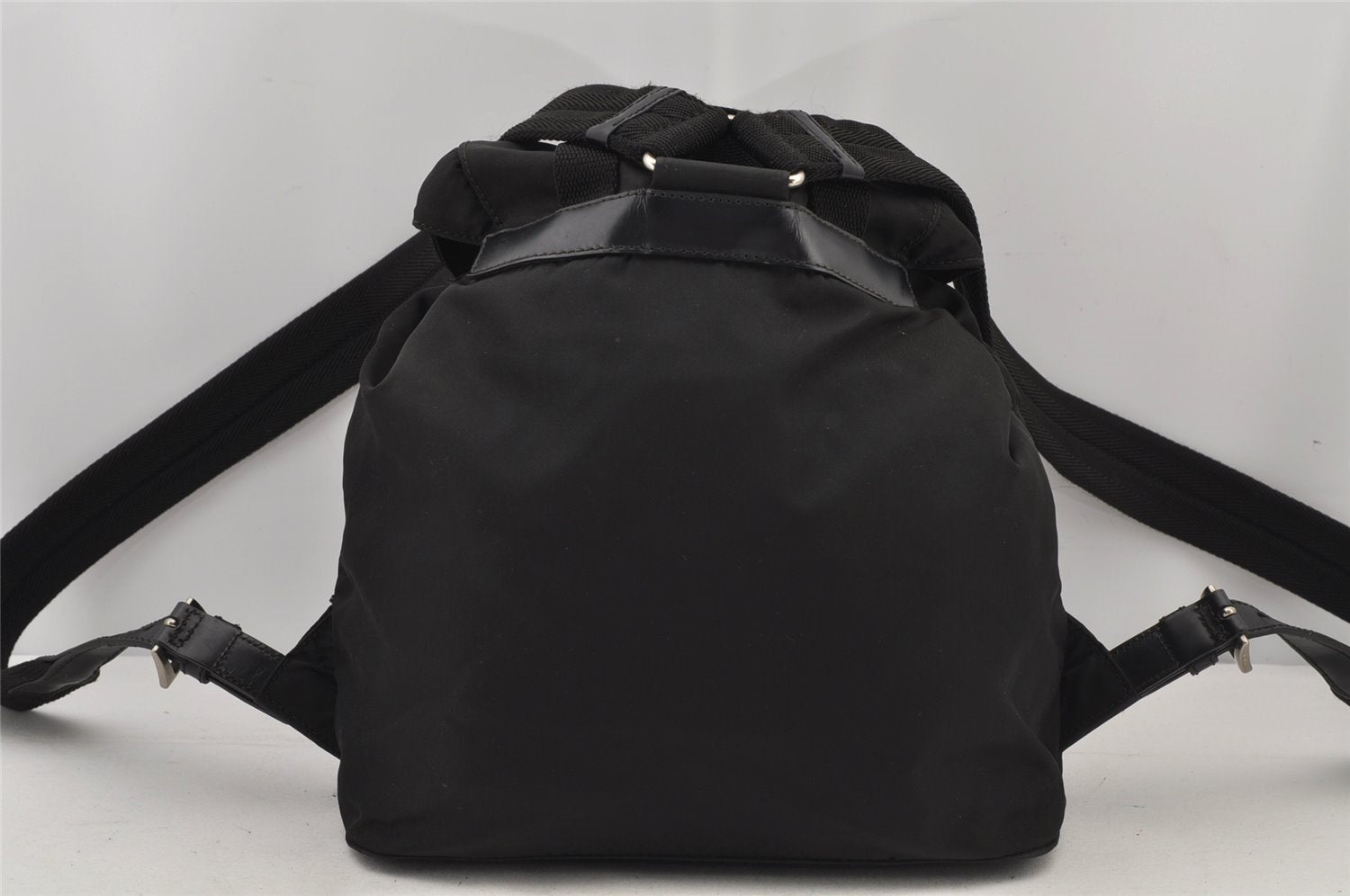 Authentic PRADA Vintage Nylon Tessuto Leather Drawstring Backpack Black 6866J