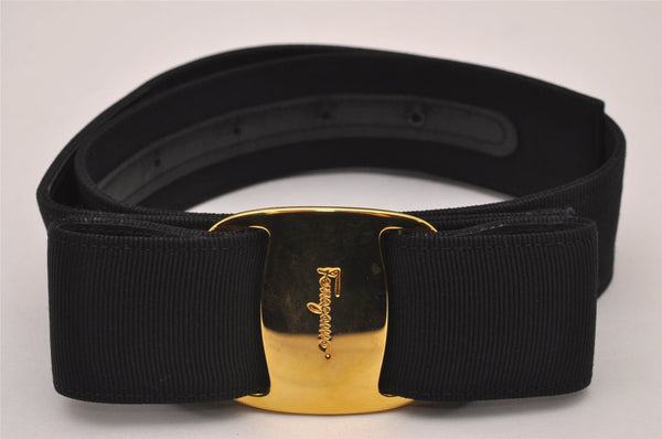 Auth Salvatore Ferragamo Vara Ribbon Canvas Leather Belt 23-26.6" Black 6871I