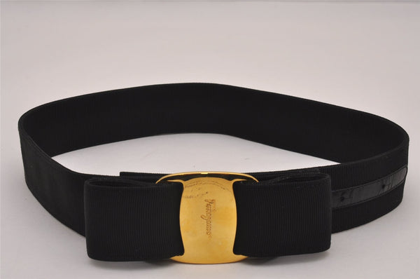 Auth Salvatore Ferragamo Vara Ribbon Canvas Leather Belt 23-26.6" Black 6871I