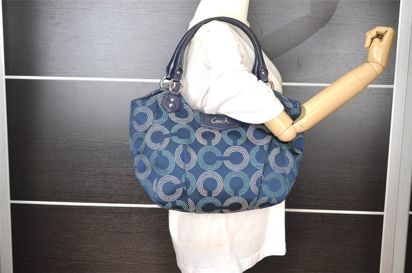 Authentic COACH Madison Dotted Op Art Sophia Canvas Leather Tote Bag Blue 6875I