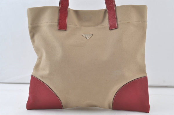 Authentic PRADA Vintage Canvas Leather Shoulder Tote Bag Beige Red 6878K