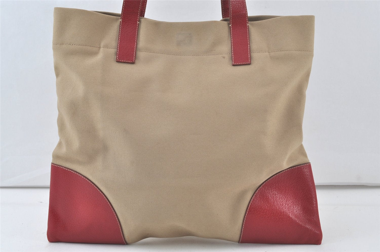 Authentic PRADA Vintage Canvas Leather Shoulder Tote Bag Beige Red 6878K