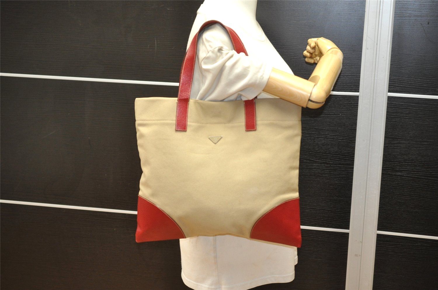 Authentic PRADA Vintage Canvas Leather Shoulder Tote Bag Beige Red 6878K