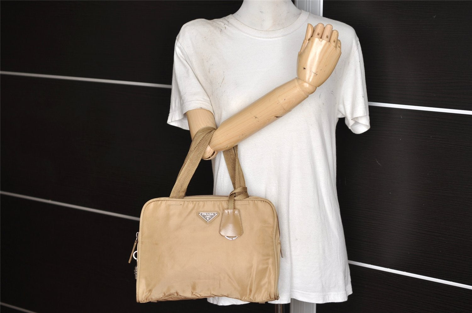 Authentic PRADA Vintage Nylon Tessuto Leather Tote Hand Bag Purse Beige 6880K