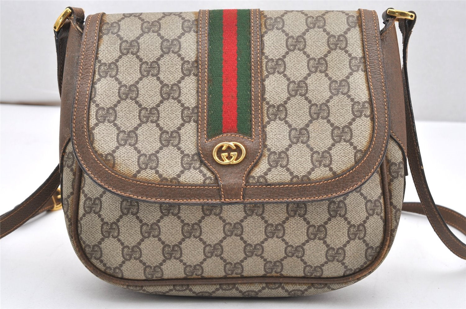 Authentic GUCCI Web Sherry Line Shoulder Cross Bag GG PVC Leather Brown 6881K