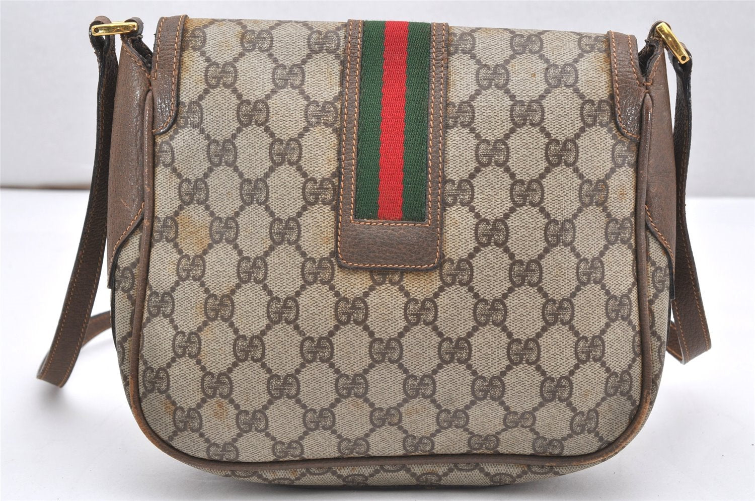 Authentic GUCCI Web Sherry Line Shoulder Cross Bag GG PVC Leather Brown 6881K