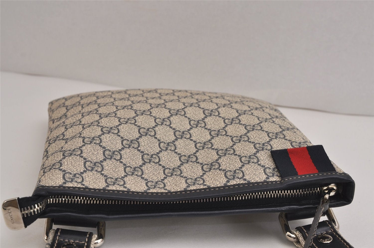 Authentic GUCCI Sherry Line Shoulder Cross Bag GG PVC Leather 246413 Navy 6883J