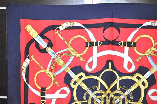 Authentic HERMES Carre 90 Scarf "Eperon d' or" Silk Navy 6886J