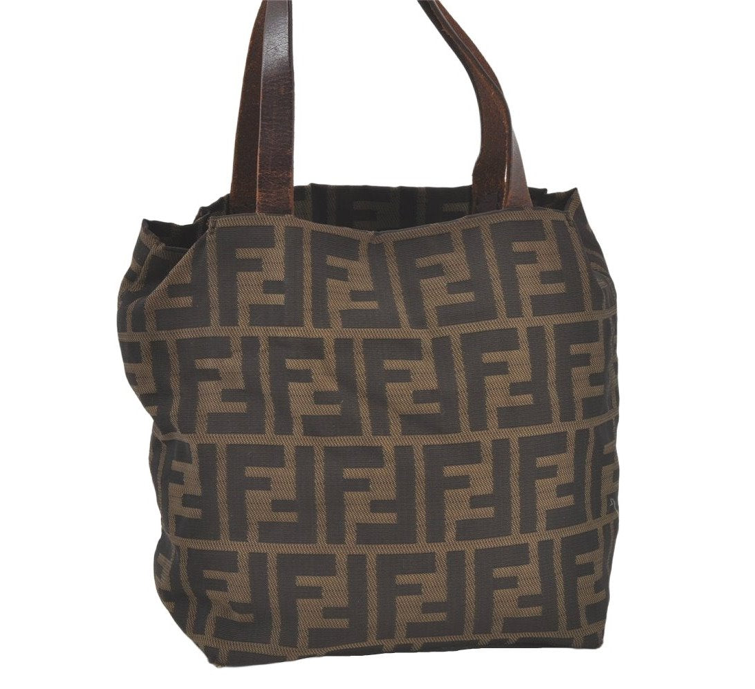 Authentic FENDI Vintage Zucca Tote Hand Bag Purse Nylon Leather Brown 6886K