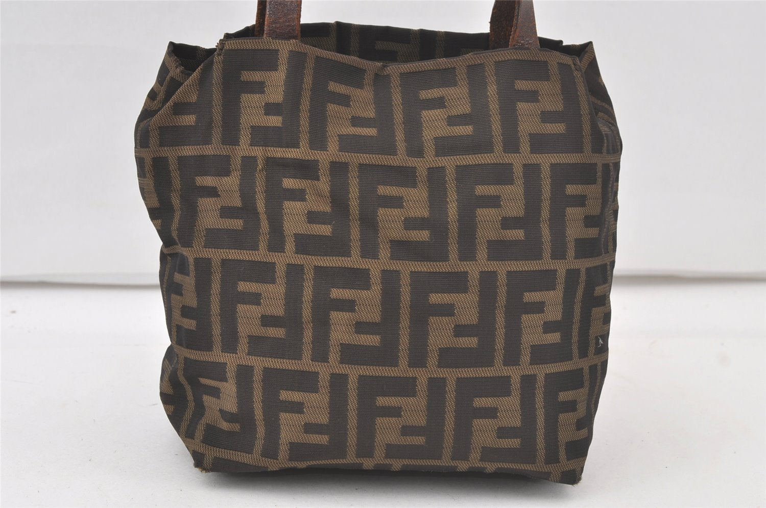 Authentic FENDI Vintage Zucca Tote Hand Bag Purse Nylon Leather Brown 6886K