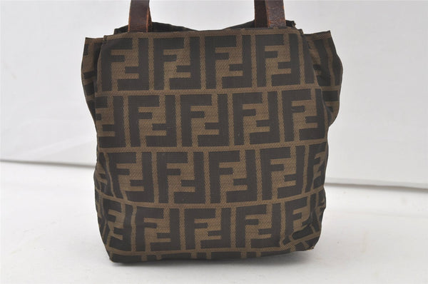 Authentic FENDI Vintage Zucca Tote Hand Bag Purse Nylon Leather Brown 6886K