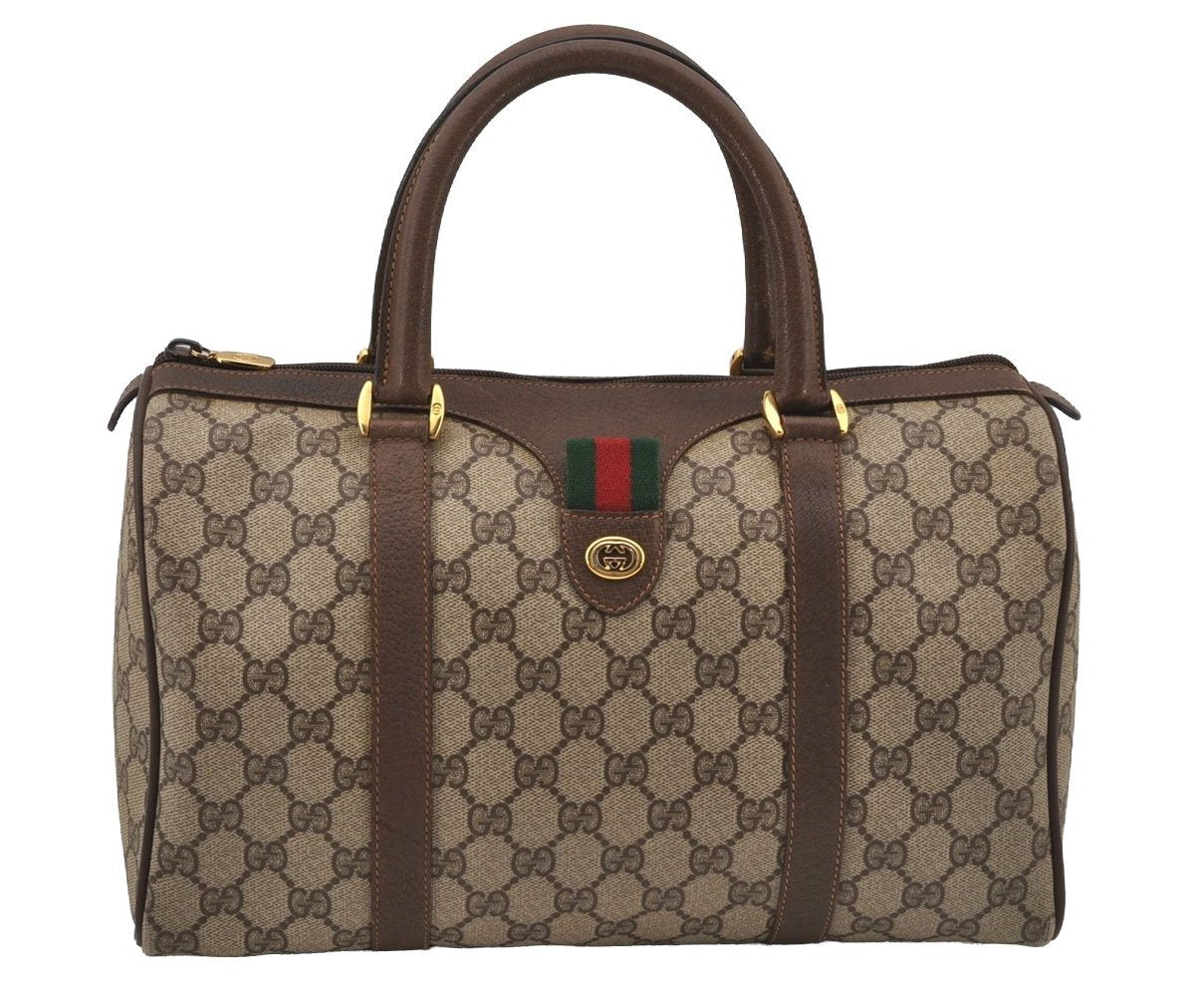 Authentic GUCCI Web Sherry Line Hand Boston Bag GG PVC Leather Brown Junk 6887J