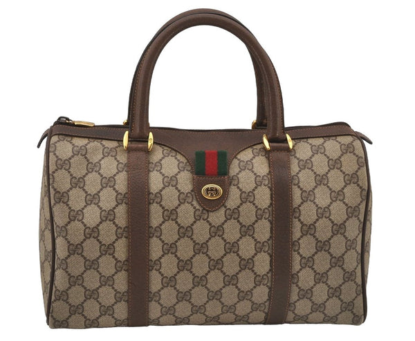 Authentic GUCCI Web Sherry Line Hand Boston Bag GG PVC Leather Brown Junk 6887J