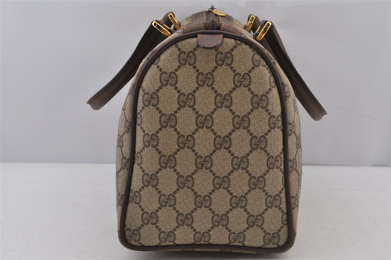 Authentic GUCCI Web Sherry Line Hand Boston Bag GG PVC Leather Brown Junk 6887J