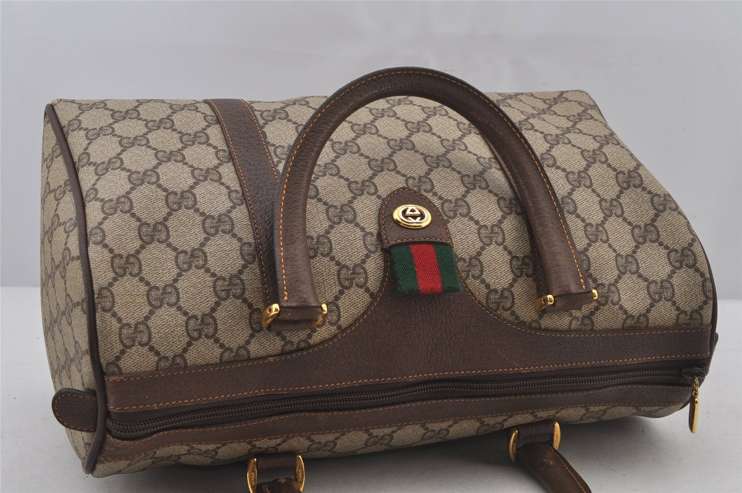Authentic GUCCI Web Sherry Line Hand Boston Bag GG PVC Leather Brown Junk 6887J