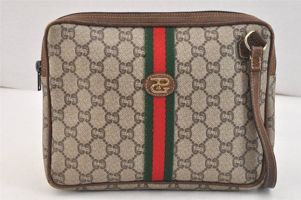 Authentic GUCCI Web Sherry Line GG Plus Clutch Bag PVC Leather Brown Junk 6890K