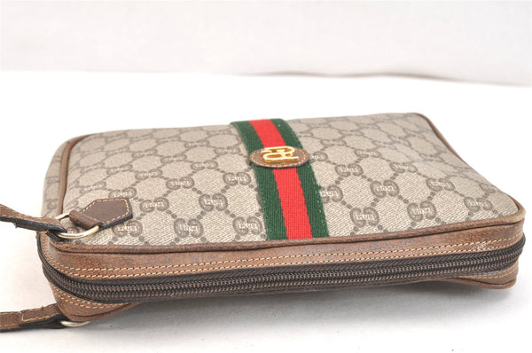 Authentic GUCCI Web Sherry Line GG Plus Clutch Bag PVC Leather Brown Junk 6890K