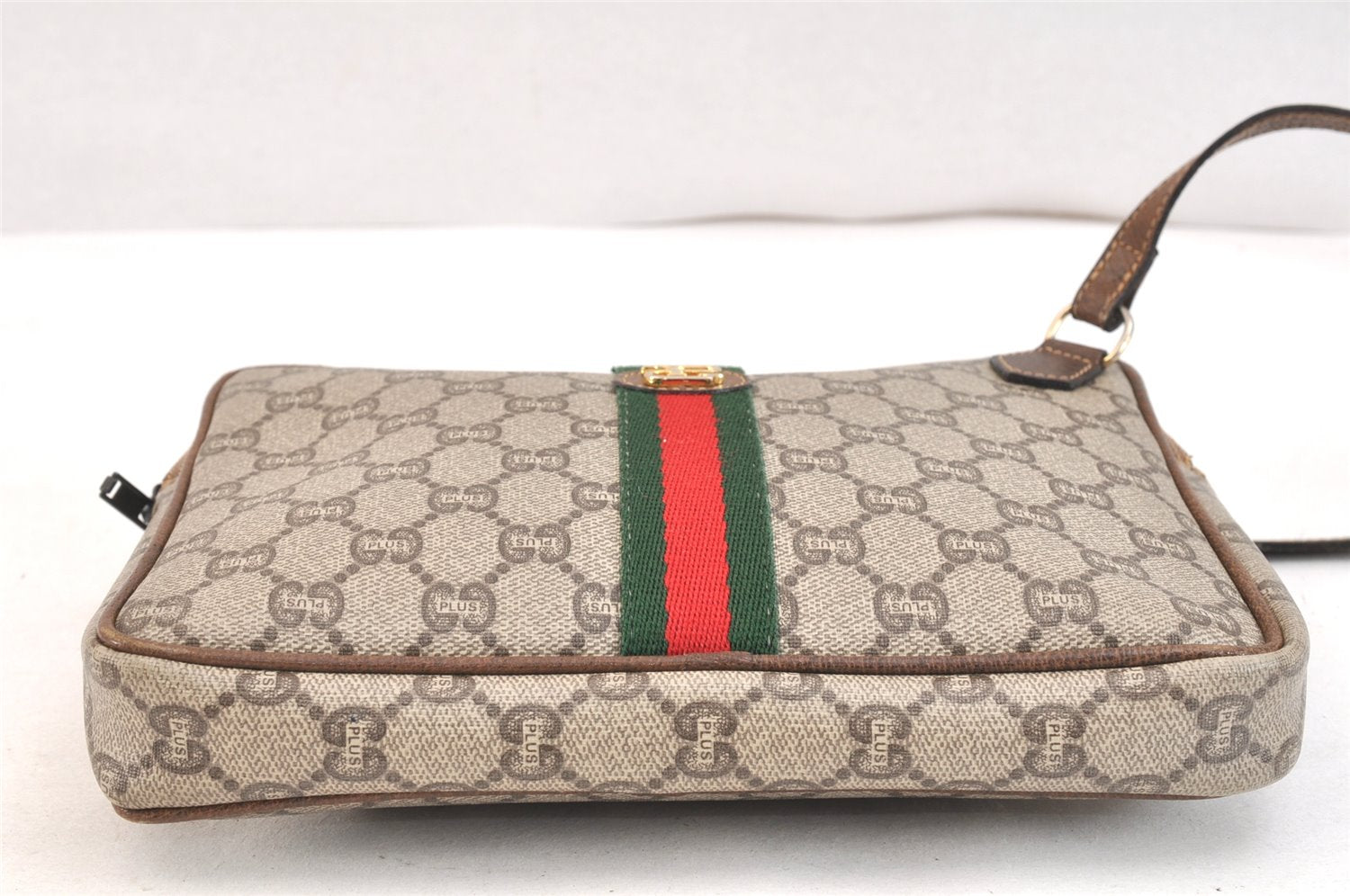 Authentic GUCCI Web Sherry Line GG Plus Clutch Bag PVC Leather Brown Junk 6890K