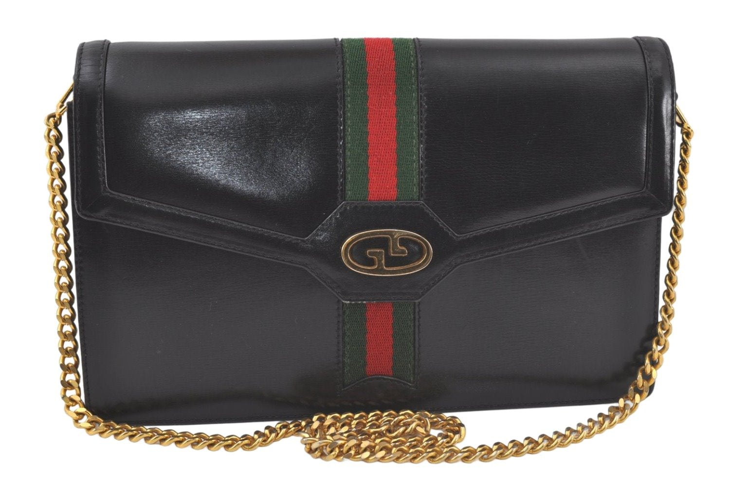 Authentic GUCCI Web Sherry Line Chain Shoulder Cross Bag Leather Black 6893K