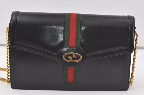 Authentic GUCCI Web Sherry Line Chain Shoulder Cross Bag Leather Black 6893K