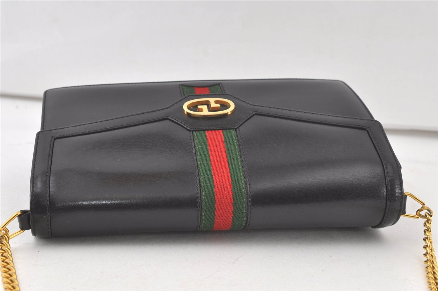 Authentic GUCCI Web Sherry Line Chain Shoulder Cross Bag Leather Black 6893K