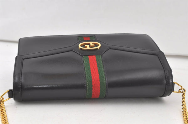 Authentic GUCCI Web Sherry Line Chain Shoulder Cross Bag Leather Black 6893K