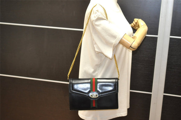 Authentic GUCCI Web Sherry Line Chain Shoulder Cross Bag Leather Black 6893K