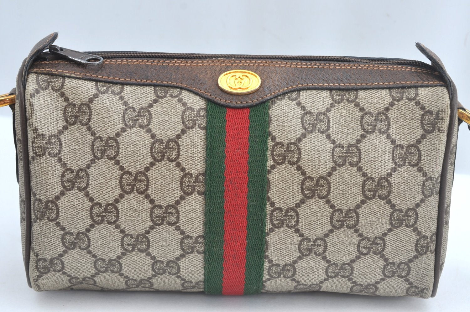 Authentic GUCCI Web Sherry Line Shoulder Bag GG PVC Leather Brown Junk 6896J